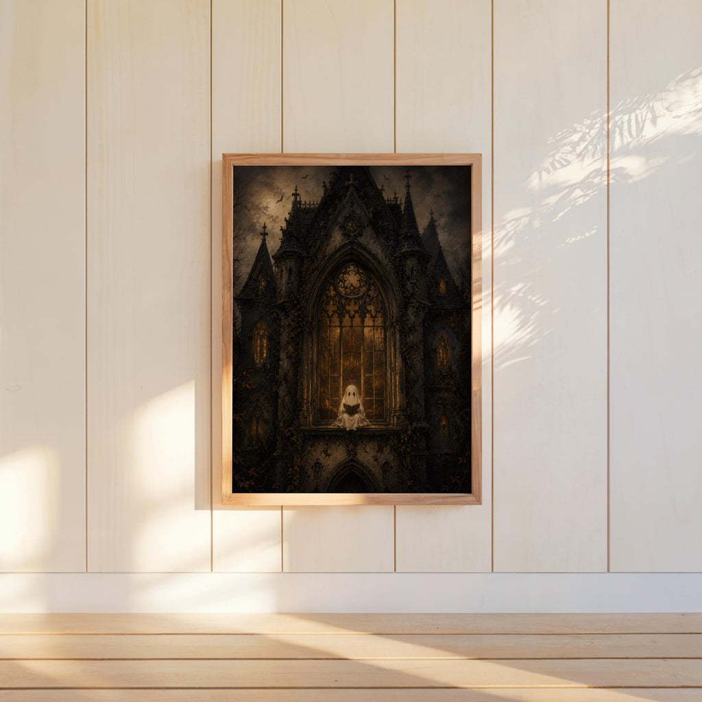 Gothic haunted house wall art hung on white paneled wall, small shelf with candles, spooky Halloween wall decor vibe