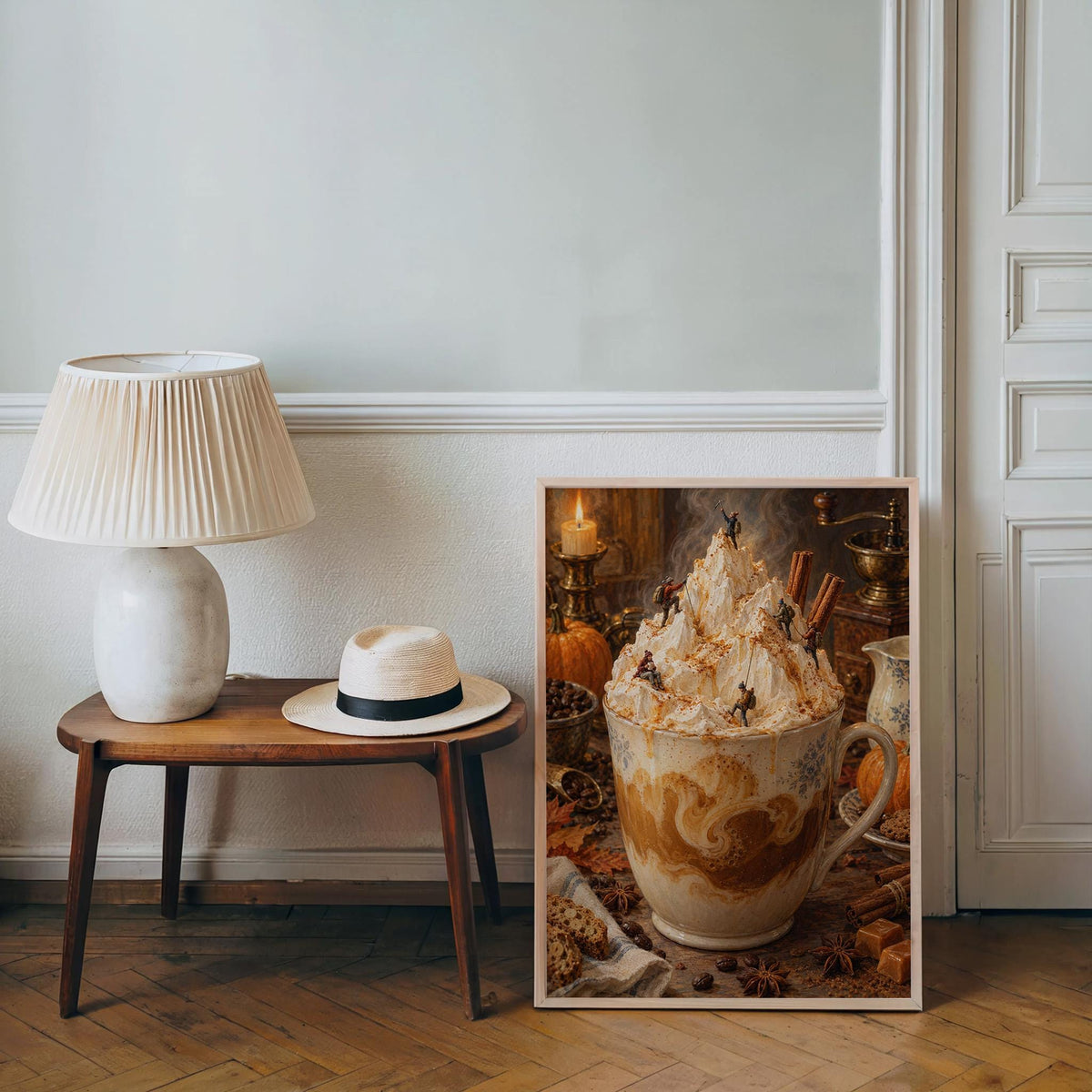 Pumpkin Spice Latte Print, Tiny Hikers Wall Decor, Fall Coffee Poster, Autumn Kitchen Art, Cozy Iced Coffee Cafe Home Decoration
