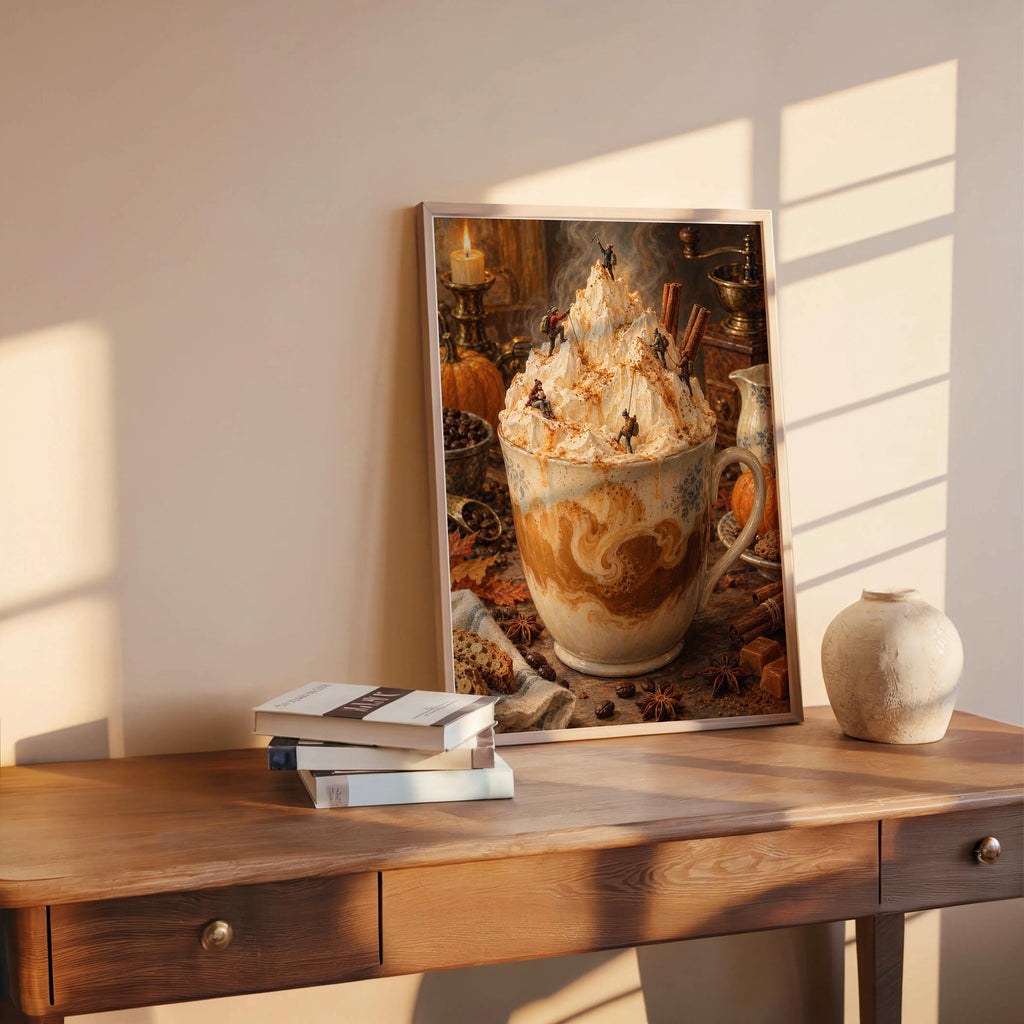 Pumpkin Spice Latte Print, Tiny Hikers Wall Decor, Fall Coffee Poster, Autumn Kitchen Art, Cozy Iced Coffee Cafe Home Decoration