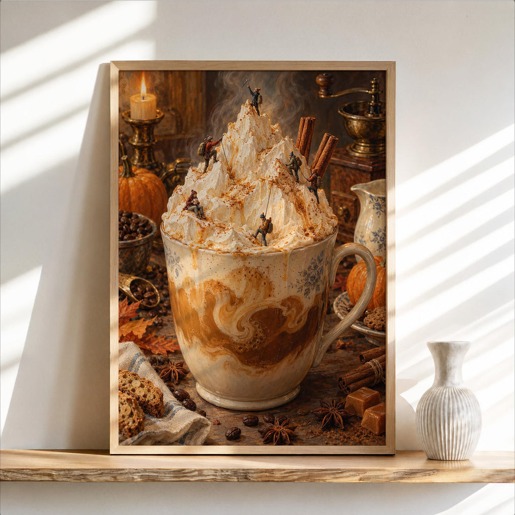 Pumpkin Spice Latte Print, Tiny Hikers Wall Decor, Fall Coffee Poster, Autumn Kitchen Art, Cozy Iced Coffee Cafe Home Decoration