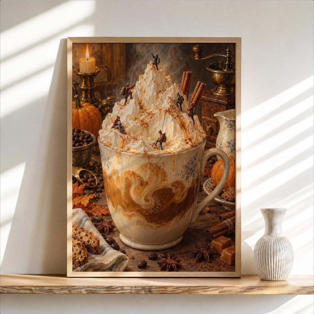 Pumpkin Spice Latte Print, Tiny Hikers Wall Decor, Fall Coffee Poster, Autumn Kitchen Art, Cozy Iced Coffee Cafe Home Decoration