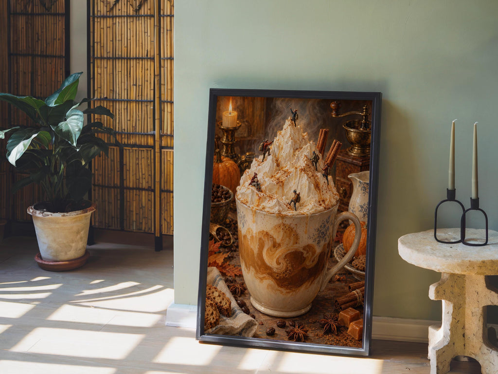 Pumpkin Spice Latte Print, Tiny Hikers Wall Decor, Fall Coffee Poster, Autumn Kitchen Art, Cozy Iced Coffee Cafe Home Decoration