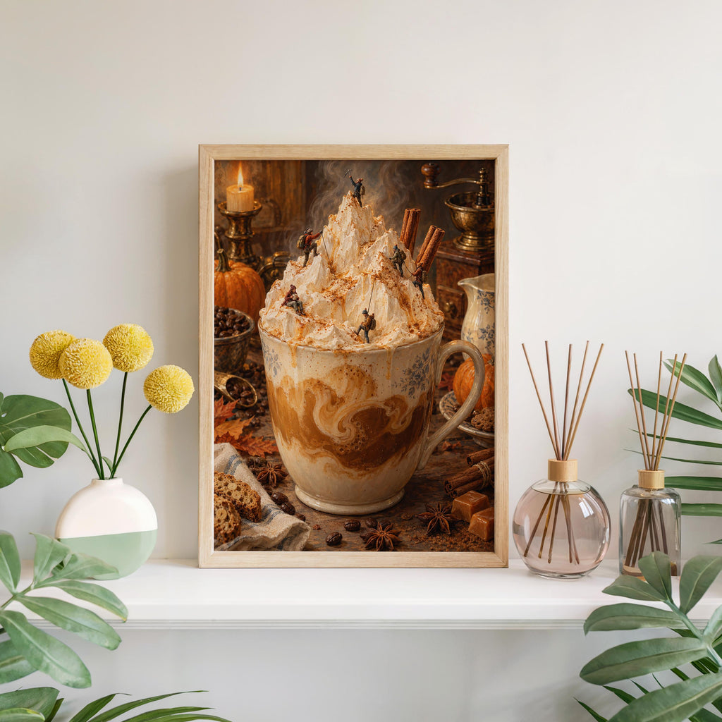 Pumpkin Spice Latte Print, Tiny Hikers Wall Decor, Fall Coffee Poster, Autumn Kitchen Art, Cozy Iced Coffee Cafe Home Decoration