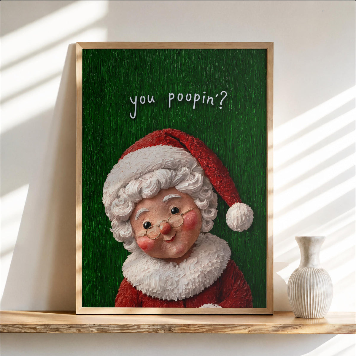 Close angled framed Mrs Claus portrait, green holiday texture, round glasses and fluffy hair, funny Christmas bathroom wall art
