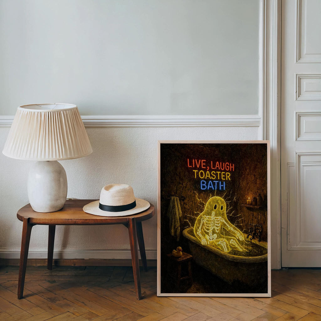 Funny Ghost Bathroom Print, Live Laugh Toaster Bath Poster, Gothic Halloween Wall Art, Spooky Bathtub Decor, Quirky Guest Bath Gift