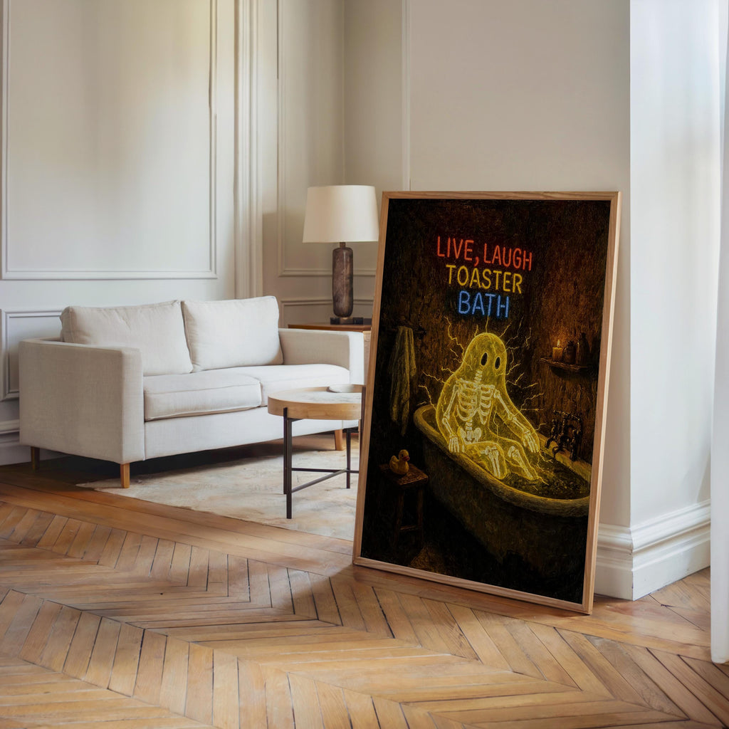 Funny Ghost Bathroom Print, Live Laugh Toaster Bath Poster, Gothic Halloween Wall Art, Spooky Bathtub Decor, Quirky Guest Bath Gift