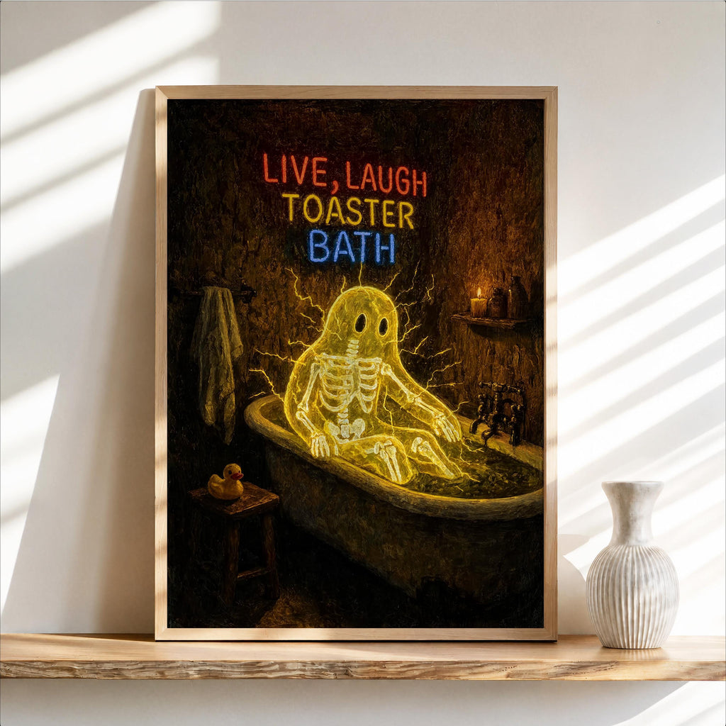 Funny Ghost Bathroom Print, Live Laugh Toaster Bath Poster, Gothic Halloween Wall Art, Spooky Bathtub Decor, Quirky Guest Bath Gift