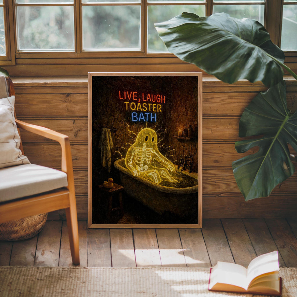 Funny Ghost Bathroom Print, Live Laugh Toaster Bath Poster, Gothic Halloween Wall Art, Spooky Bathtub Decor, Quirky Guest Bath Gift