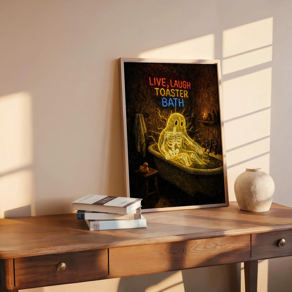Funny Ghost Bathroom Print, Live Laugh Toaster Bath Poster, Gothic Halloween Wall Art, Spooky Bathtub Decor, Quirky Guest Bath Gift
