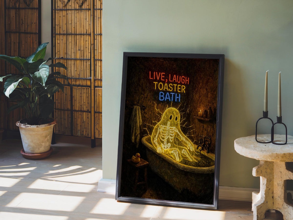 Funny Ghost Bathroom Print, Live Laugh Toaster Bath Poster, Gothic Halloween Wall Art, Spooky Bathtub Decor, Quirky Guest Bath Gift