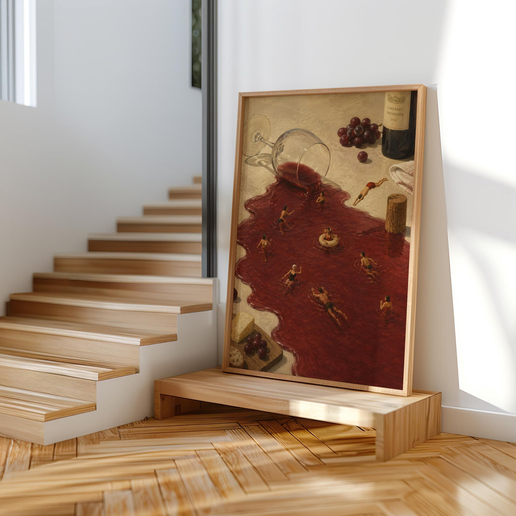 Tiny Swimmers in Red Wine Pool Wall Art, Surreal Funny Vineyard Print, Whimsical Dining Room Poster, French Kitchen Decor, Wine Lover Gift