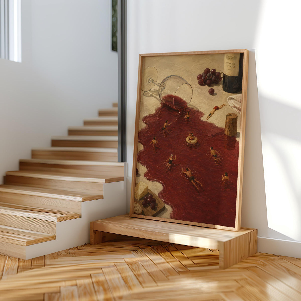 Tiny Swimmers in Red Wine Pool Wall Art, Surreal Funny Vineyard Print, Whimsical Dining Room Poster, French Kitchen Decor, Wine Lover Gift