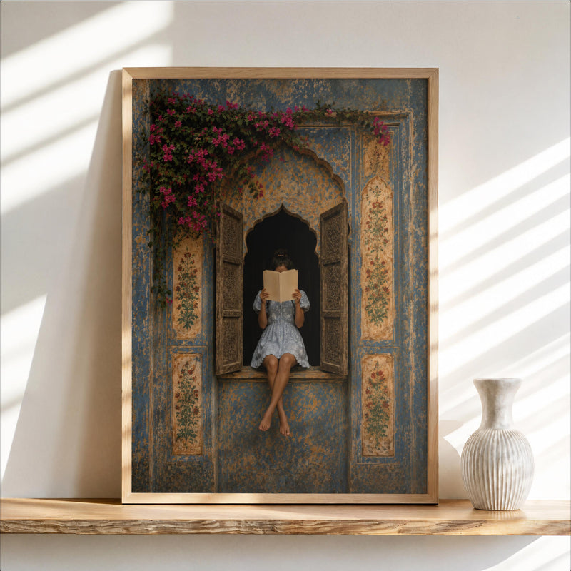 Woman Reading in Rajasthani Haveli Window, Blue Jaipur Palace Door Print, Indian Architecture Wall Art, Vintage Mughal Poster, Book Decor