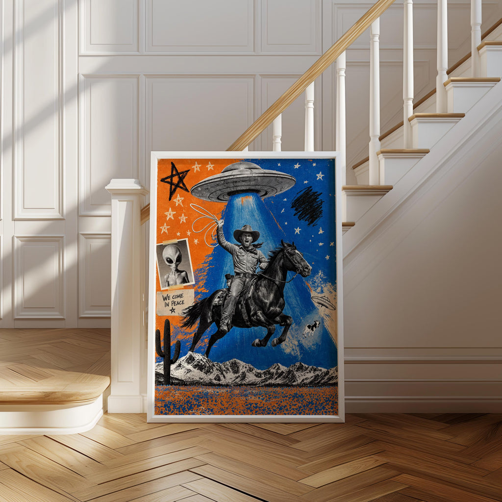 Cowboy Pop Art, Alien Abduction Wall Art, Western UFO Poster, Funny Eclectic Illustration, Vintage Americana Print, Graphic Rodeo Decor