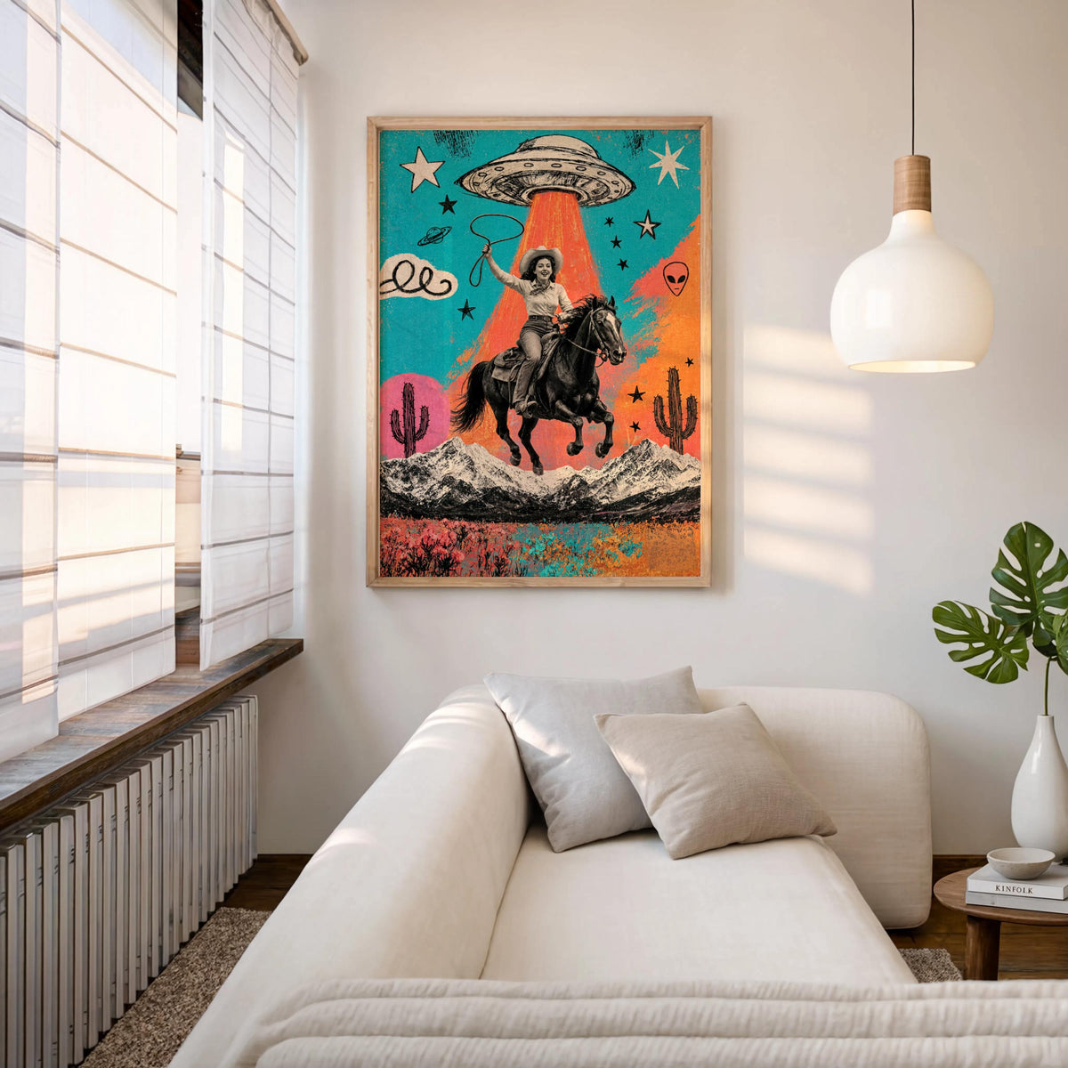 Cowgirl UFO Pop Art, Alien Abduction Poster, Western Horse Print, Retro Cowboy Wall Art, Colorful Americana Decor