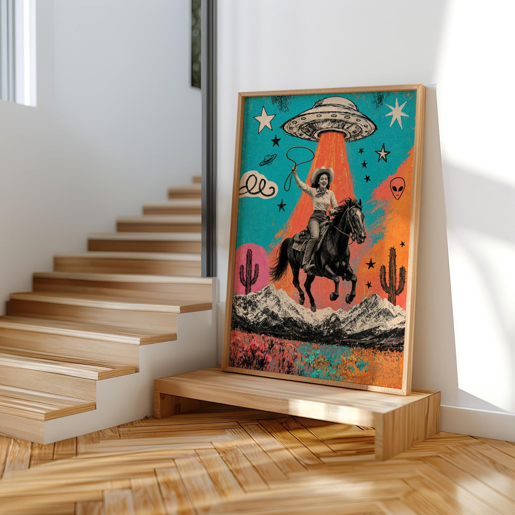 Cowgirl UFO Pop Art, Alien Abduction Poster, Western Horse Print, Retro Cowboy Wall Art, Colorful Americana Decor