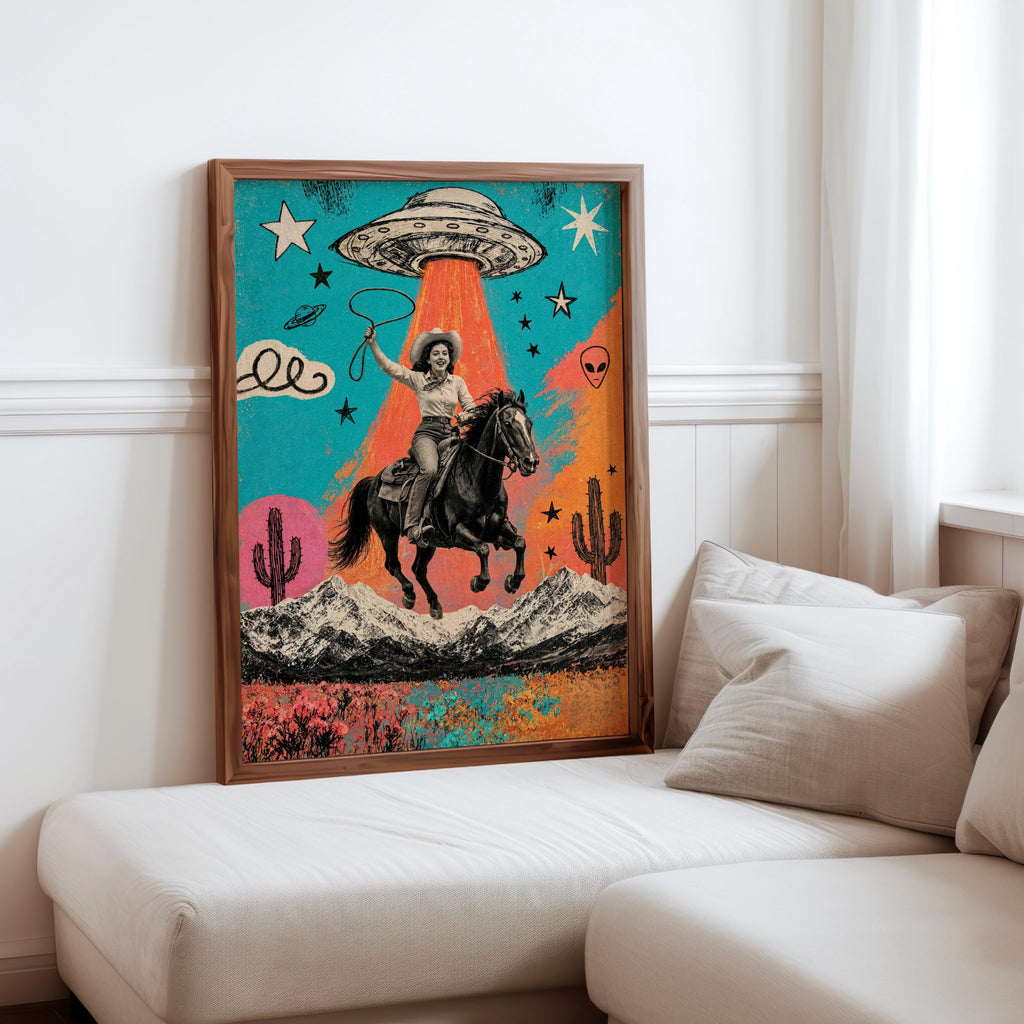 Cowgirl UFO Pop Art, Alien Abduction Poster, Western Horse Print, Retro Cowboy Wall Art, Colorful Americana Decor