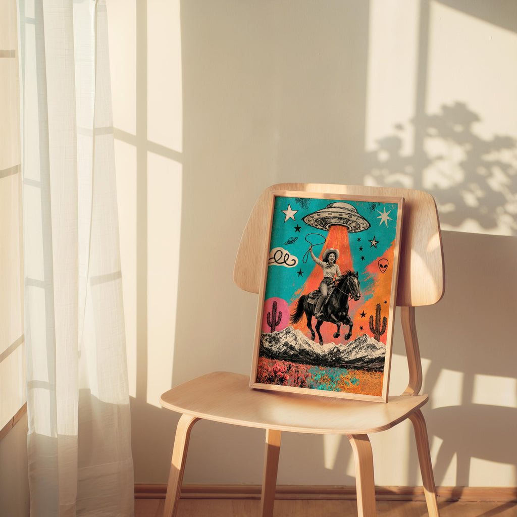 Cowgirl UFO Pop Art, Alien Abduction Poster, Western Horse Print, Retro Cowboy Wall Art, Colorful Americana Decor