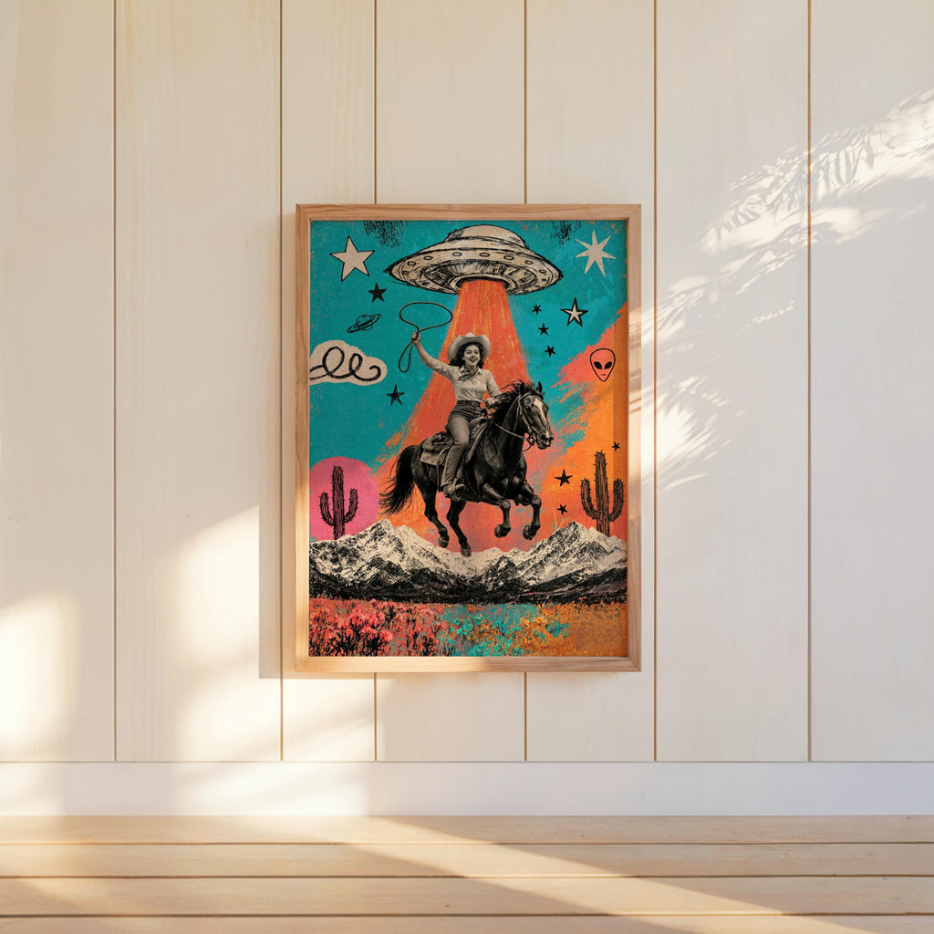 Cowgirl UFO Pop Art, Alien Abduction Poster, Western Horse Print, Retro Cowboy Wall Art, Colorful Americana Decor