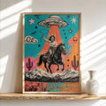 Cowgirl UFO Pop Art, Alien Abduction Poster, Western Horse Print, Retro Cowboy Wall Art, Colorful Americana Decor