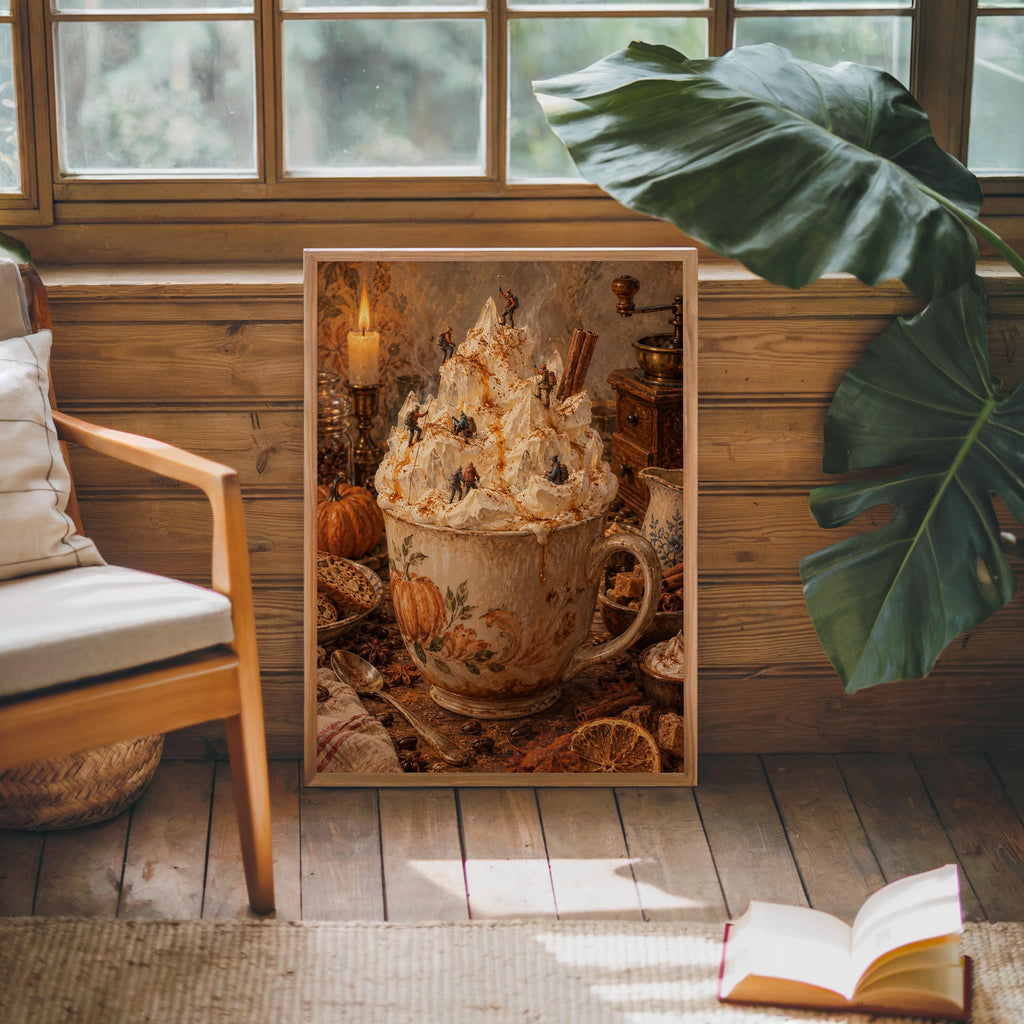 Pumpkin Spice Latte Halloween Print, Miniature Witches Wall Art, Cozy Fall Coffee Poster, Spooky Autumn Kitchen Decor, Tiny People Gift