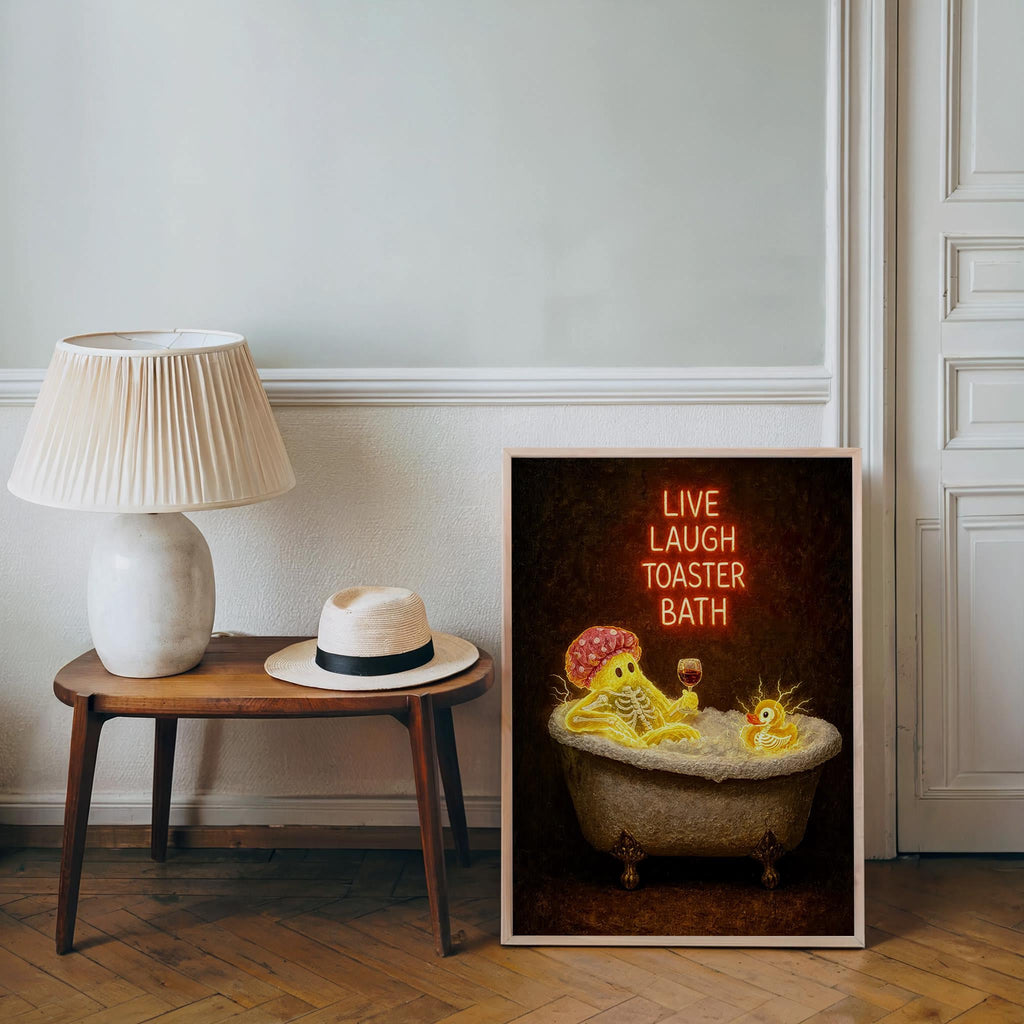 Funny Ghost Bathtub Print, Live Laugh Toaster Bath Wall Art, Halloween Bathroom Poster, Gothic Decor, Quirky Ghost Gift