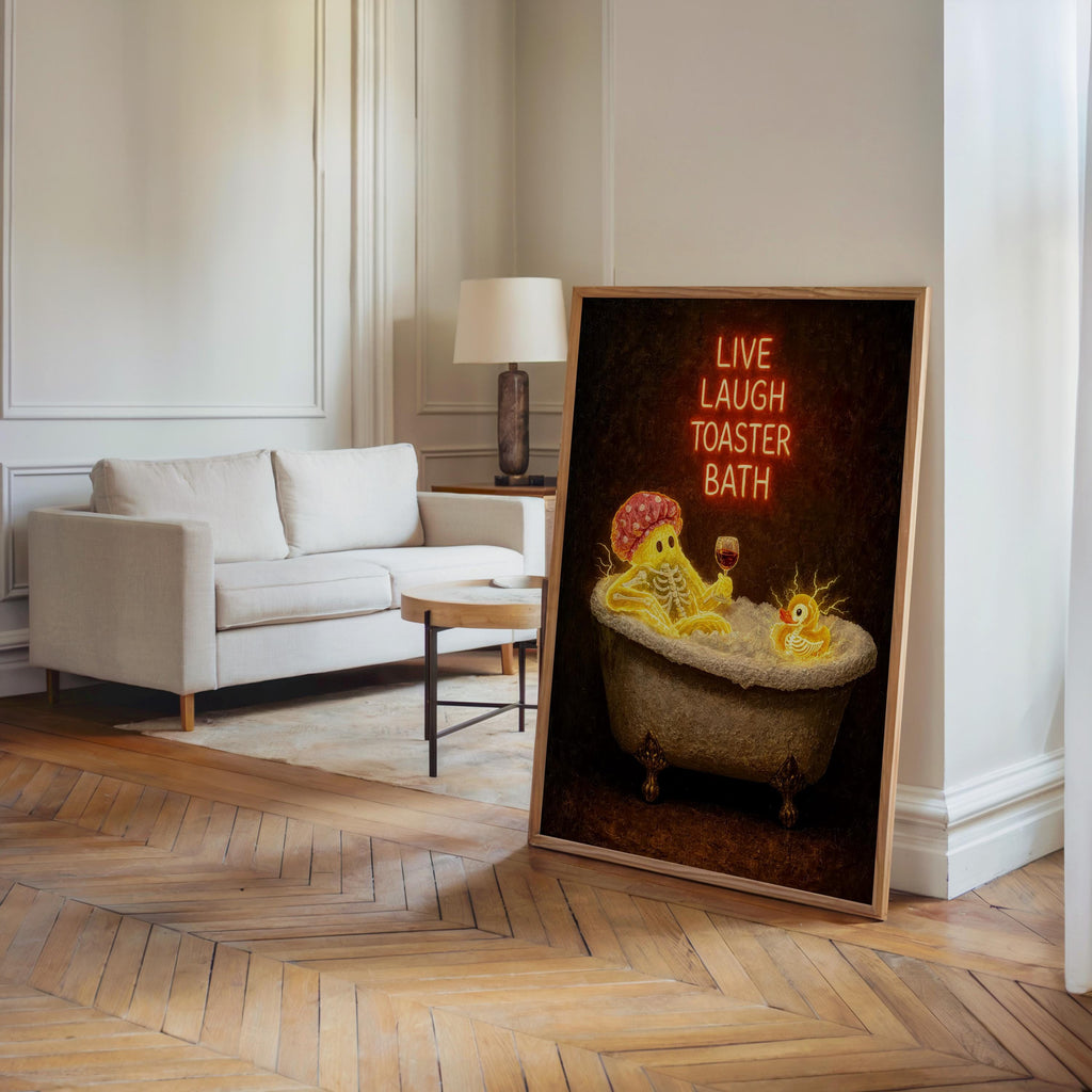 Funny Ghost Bathtub Print, Live Laugh Toaster Bath Wall Art, Halloween Bathroom Poster, Gothic Decor, Quirky Ghost Gift