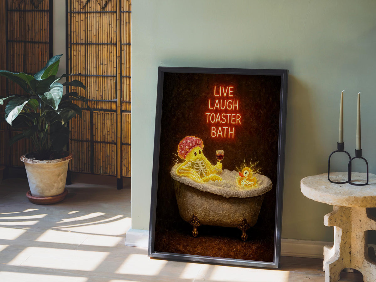 Funny Ghost Bathtub Print, Live Laugh Toaster Bath Wall Art, Halloween Bathroom Poster, Gothic Decor, Quirky Ghost Gift