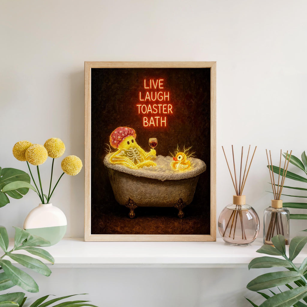 Funny Ghost Bathtub Print, Live Laugh Toaster Bath Wall Art, Halloween Bathroom Poster, Gothic Decor, Quirky Ghost Gift