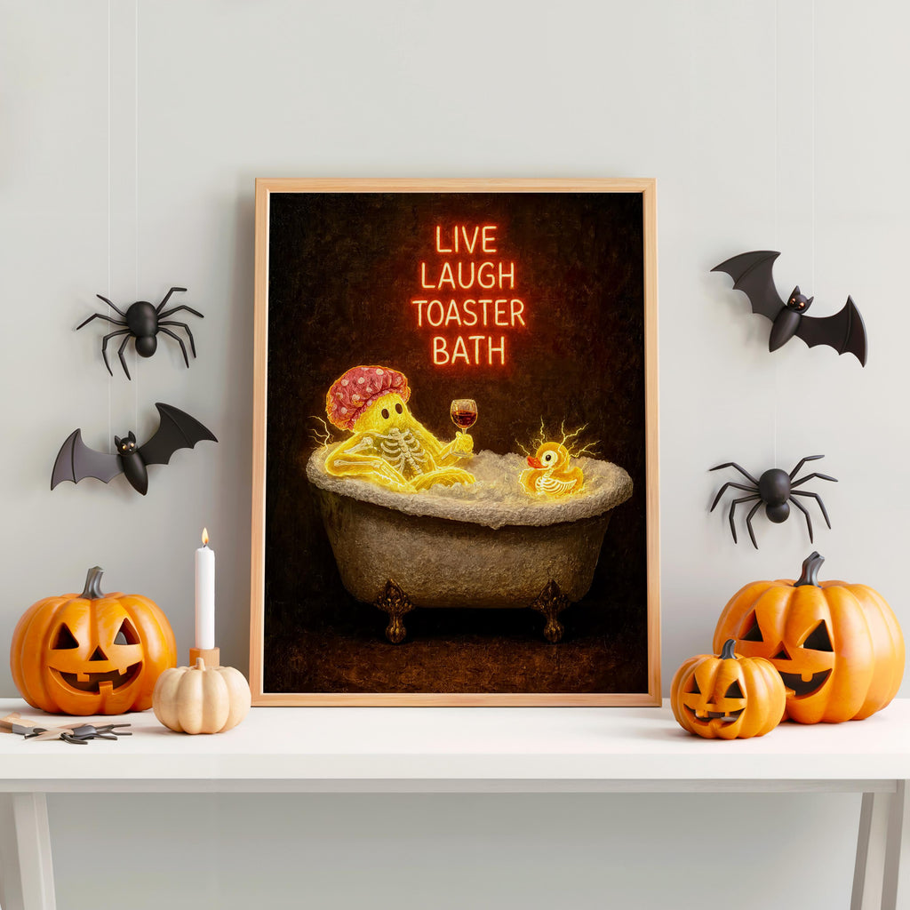 Funny Ghost Bathtub Print, Live Laugh Toaster Bath Wall Art, Halloween Bathroom Poster, Gothic Decor, Quirky Ghost Gift