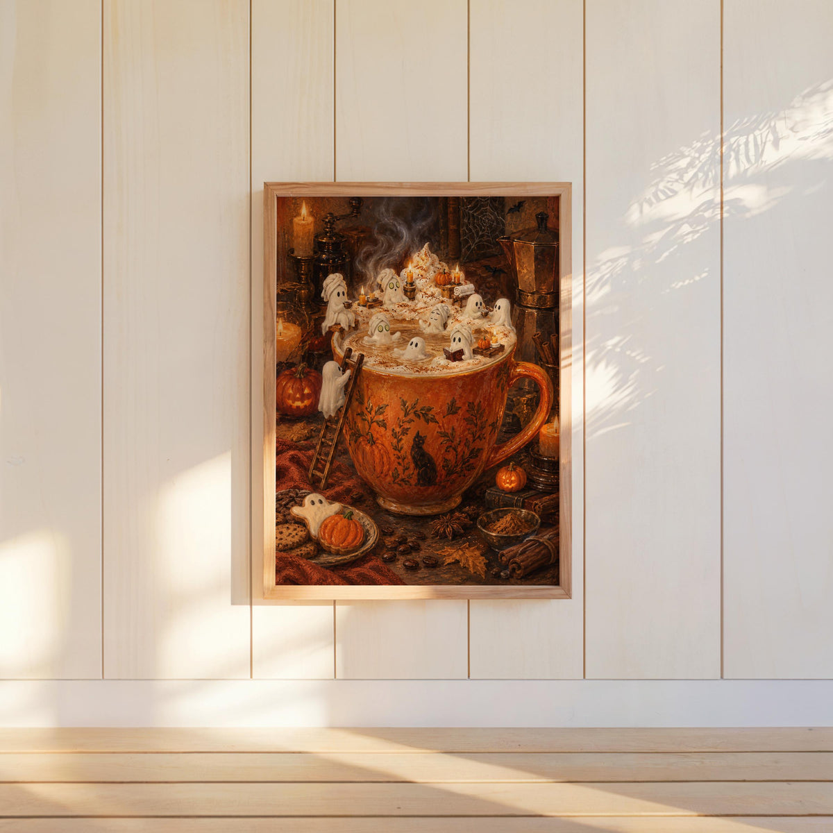 Ghost Halloween Pumpkin Spice Latte Print, Marshmallow Ghosts Wall Art, Cozy Fall Coffee Poster, Spooky Kitchen Decor, Autumn Gift