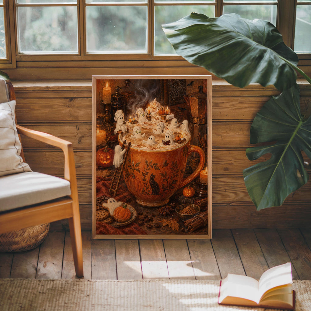 Ghost Halloween Pumpkin Spice Latte Print, Marshmallow Ghosts Wall Art, Cozy Fall Coffee Poster, Spooky Kitchen Decor, Autumn Gift