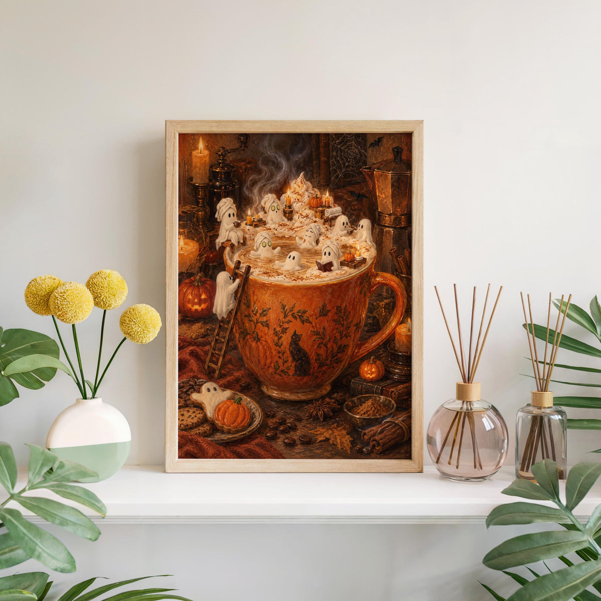 Ghost Halloween Pumpkin Spice Latte Print, Marshmallow Ghosts Wall Art, Cozy Fall Coffee Poster, Spooky Kitchen Decor, Autumn Gift