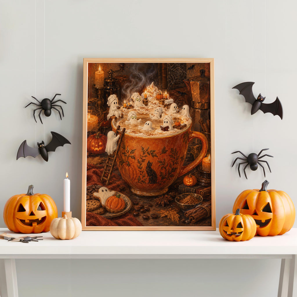Ghost Halloween Pumpkin Spice Latte Print, Marshmallow Ghosts Wall Art, Cozy Fall Coffee Poster, Spooky Kitchen Decor, Autumn Gift