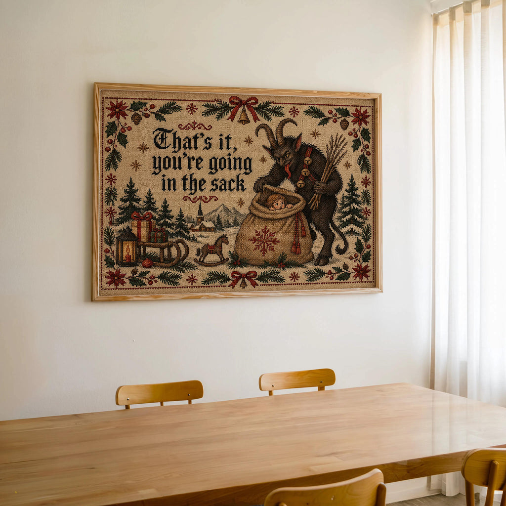 Krampus Christmas Cross Stitch Print, Funny Holiday Sack Scene, German Folklore Wall Art, Rustic Winter Decor, Gothic Xmas Gift