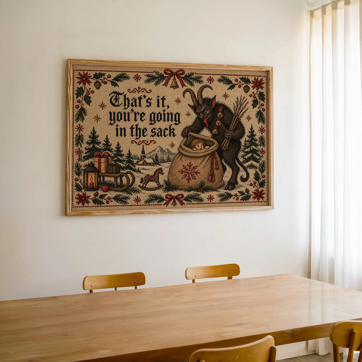 Krampus Christmas Cross Stitch Print, Funny Holiday Sack Scene, German Folklore Wall Art, Rustic Winter Decor, Gothic Xmas Gift