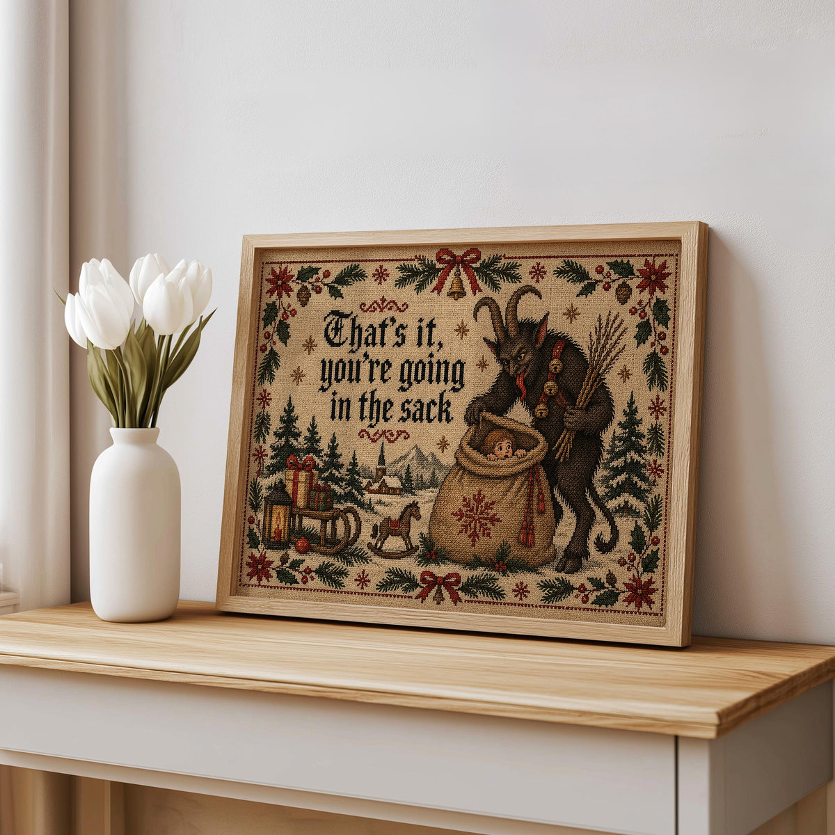 Krampus Christmas Cross Stitch Print, Funny Holiday Sack Scene, German Folklore Wall Art, Rustic Winter Decor, Gothic Xmas Gift