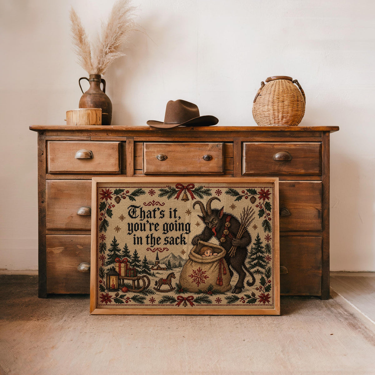 Krampus Christmas Cross Stitch Print, Funny Holiday Sack Scene, German Folklore Wall Art, Rustic Winter Decor, Gothic Xmas Gift