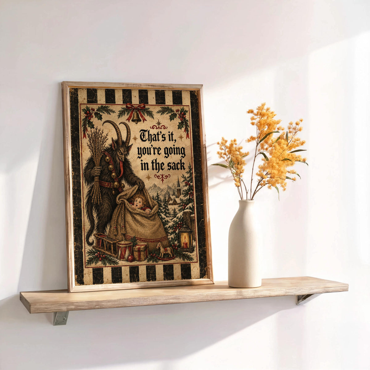 Funny Krampus Wall Art, Christmas Folklore Poster, Folk Textile Illustration, Cozy Winter Decor, Naughty German Holiday Gift