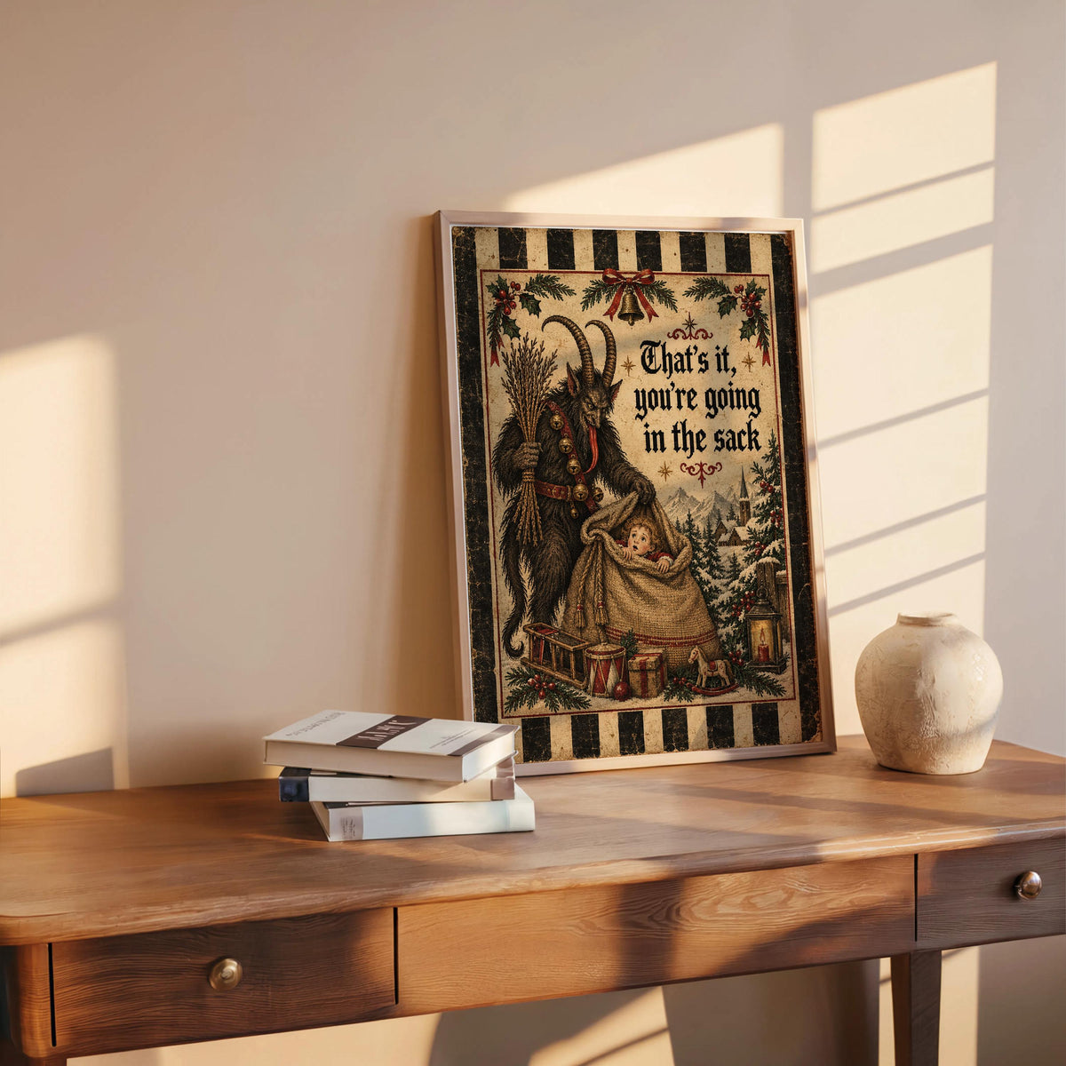 Funny Krampus Wall Art, Christmas Folklore Poster, Folk Textile Illustration, Cozy Winter Decor, Naughty German Holiday Gift