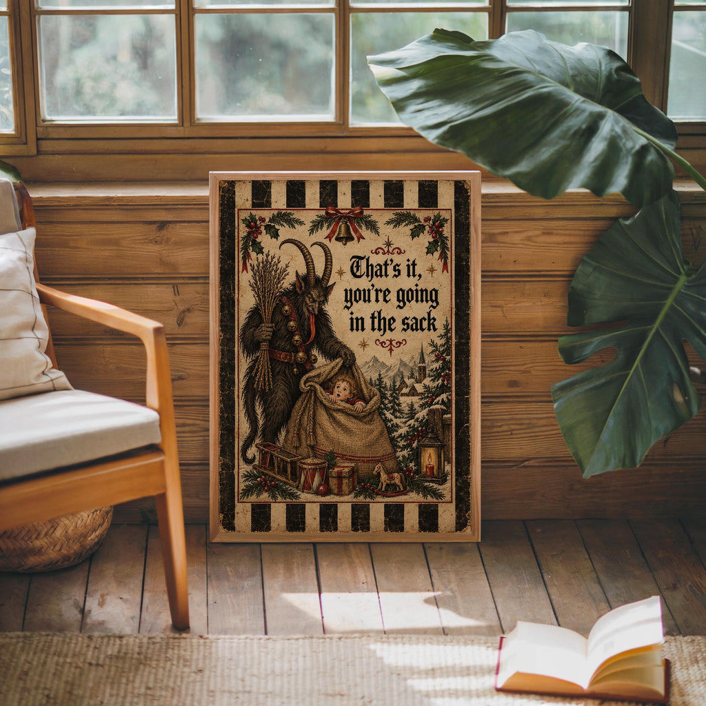 Funny Krampus Wall Art, Christmas Folklore Poster, Folk Textile Illustration, Cozy Winter Decor, Naughty German Holiday Gift