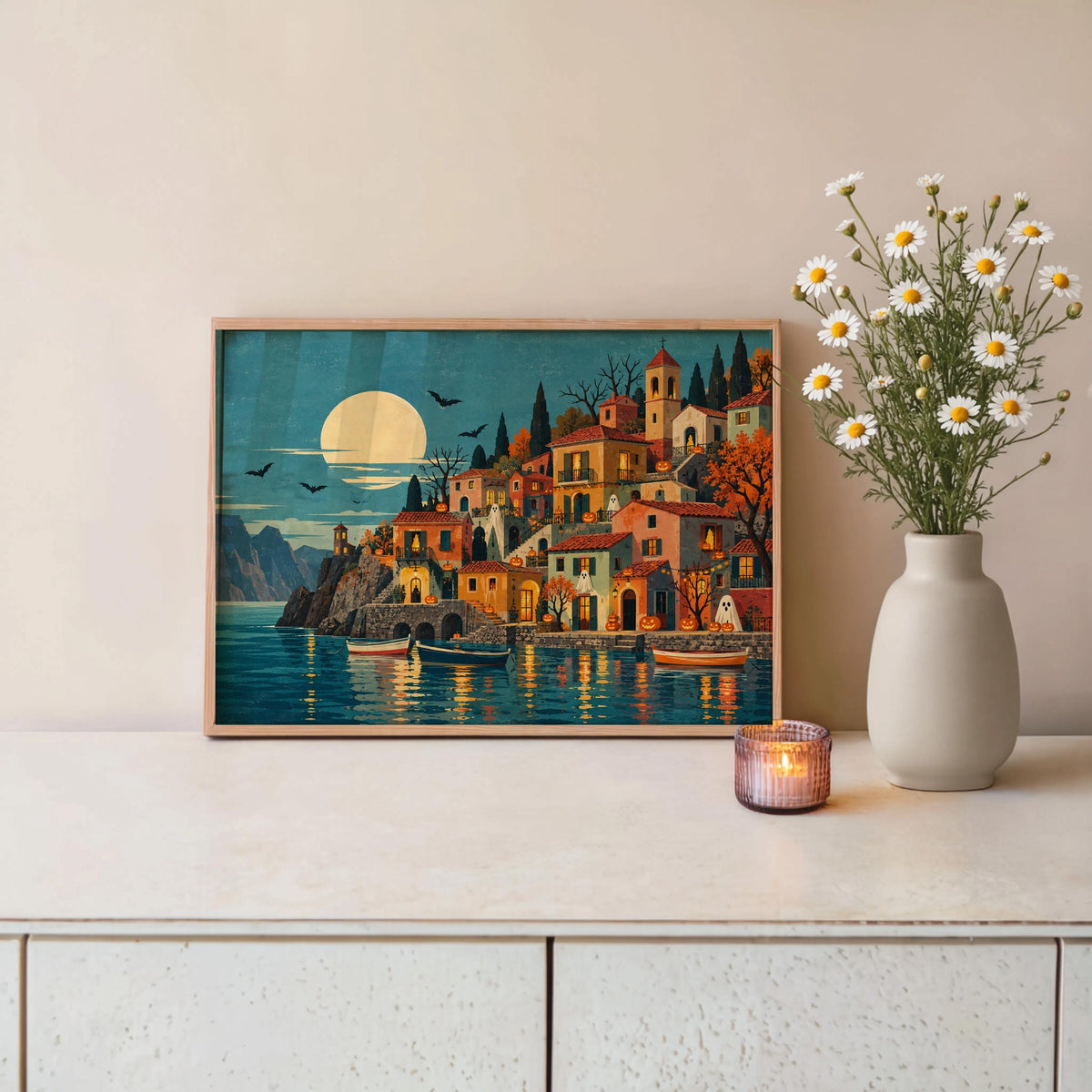 Halloween Coastal Village Folk Art Print, Spooky Mediterranean Wall Art, Ghosts & Pumpkins Poster, Moonlit Seaside Decor, Autumn Gift