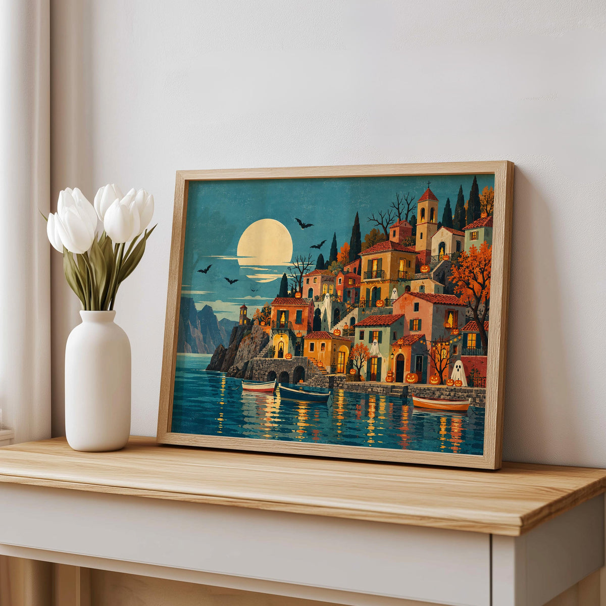 Halloween Coastal Village Folk Art Print, Spooky Mediterranean Wall Art, Ghosts & Pumpkins Poster, Moonlit Seaside Decor, Autumn Gift