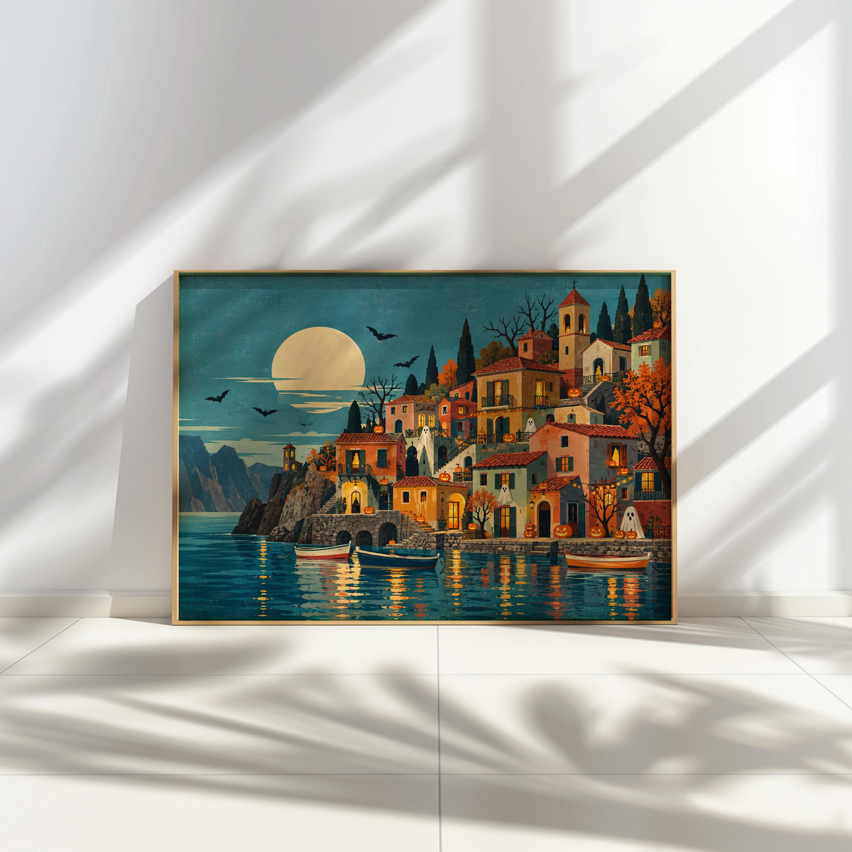 Halloween Coastal Village Folk Art Print, Spooky Mediterranean Wall Art, Ghosts & Pumpkins Poster, Moonlit Seaside Decor, Autumn Gift