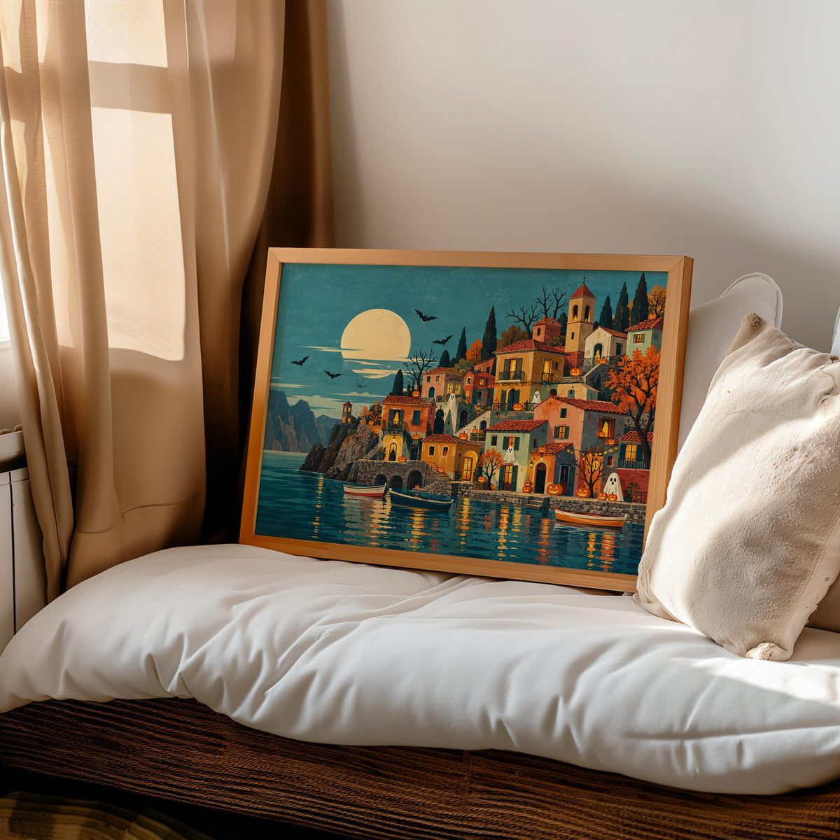 Halloween Coastal Village Folk Art Print, Spooky Mediterranean Wall Art, Ghosts & Pumpkins Poster, Moonlit Seaside Decor, Autumn Gift