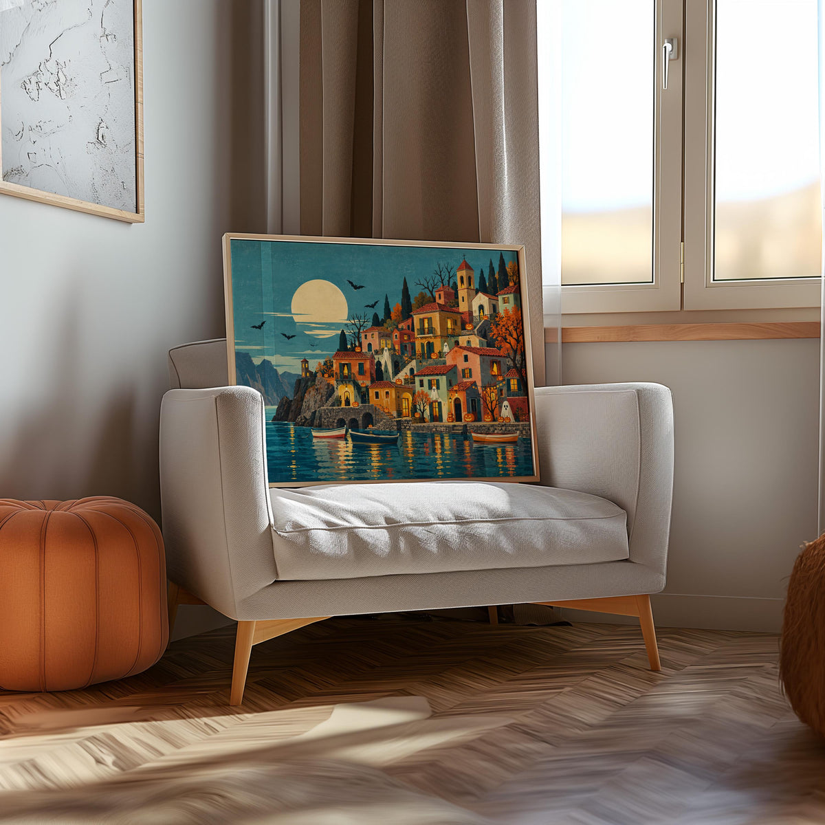 Halloween Coastal Village Folk Art Print, Spooky Mediterranean Wall Art, Ghosts & Pumpkins Poster, Moonlit Seaside Decor, Autumn Gift
