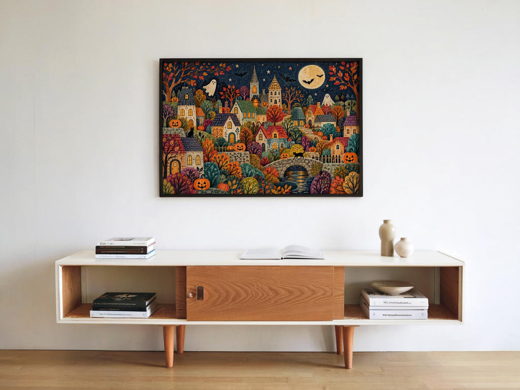 Folk Halloween Village Print, Whimsical Ghost & Pumpkin Wall Art, Autumn Storybook Poster, Colorful Spooky Home Decor, Gift
