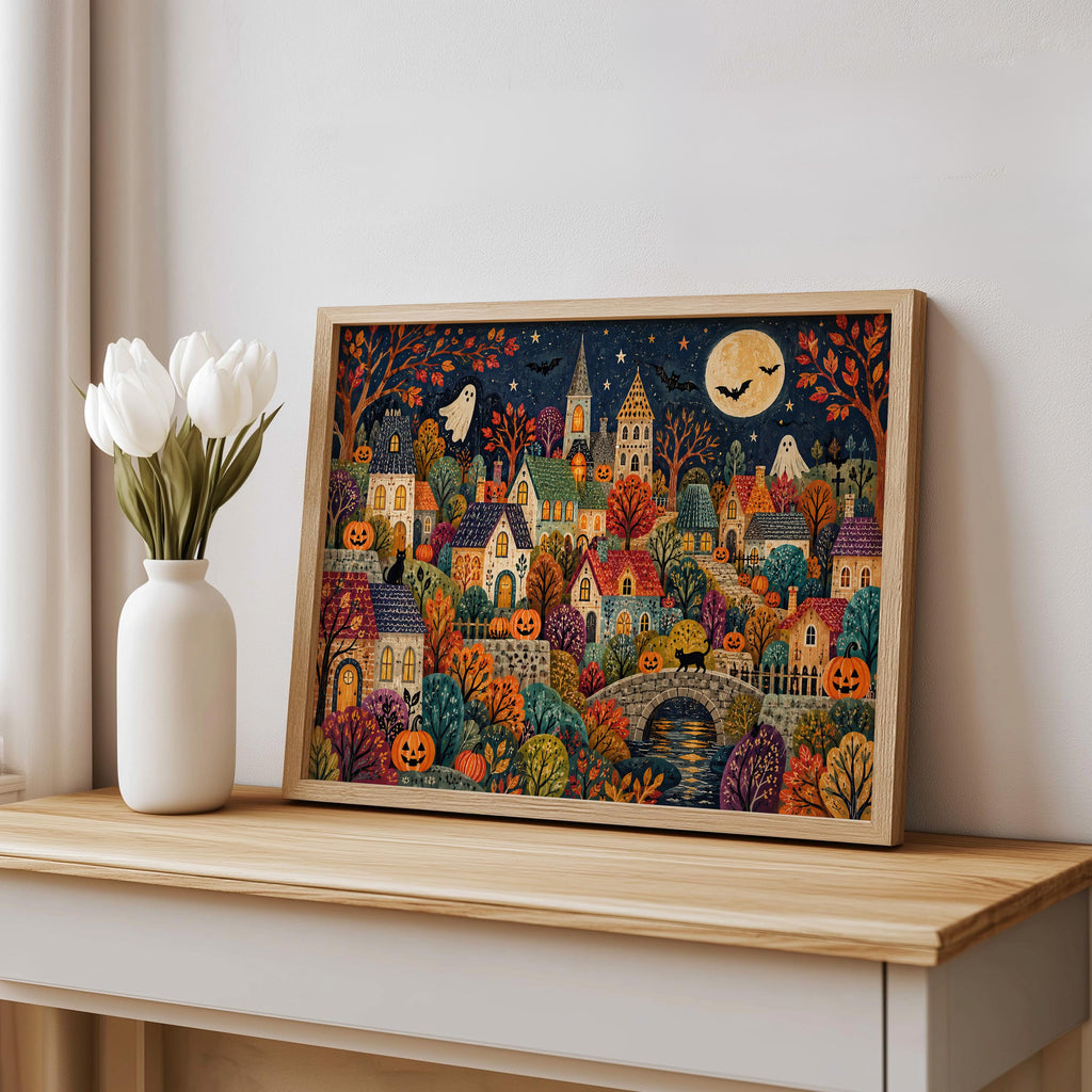 Folk Halloween Village Print, Whimsical Ghost & Pumpkin Wall Art, Autumn Storybook Poster, Colorful Spooky Home Decor, Gift