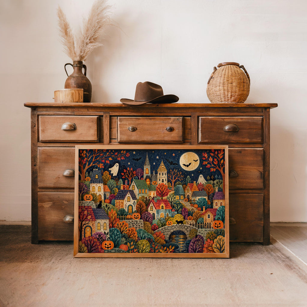 Folk Halloween Village Print, Whimsical Ghost & Pumpkin Wall Art, Autumn Storybook Poster, Colorful Spooky Home Decor, Gift