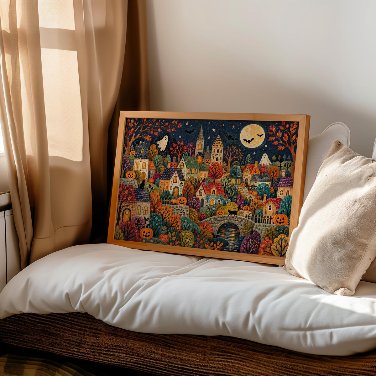 Folk Halloween Village Print, Whimsical Ghost & Pumpkin Wall Art, Autumn Storybook Poster, Colorful Spooky Home Decor, Gift